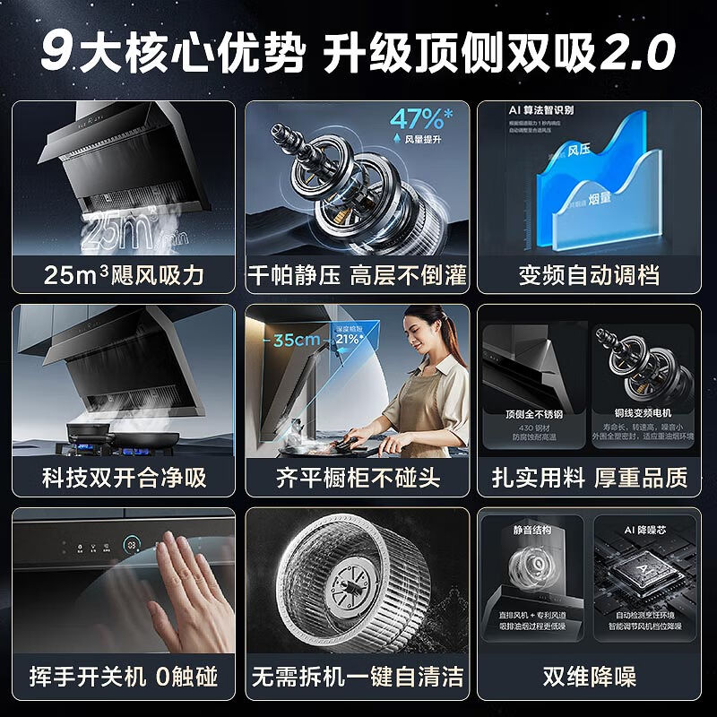 美的（Midea）抽油烟机灶具套装 顶侧双吸油烟机家用25大风量变频巡航超薄双吸无烟感烟灶套装AC7+Q70天然气套装