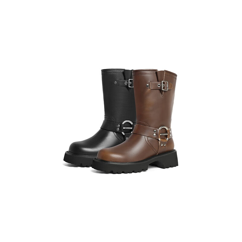 百丽厚底金属扣机车靴女23冬季新款潮流百搭休闲靴BEM60DS3预售 黑色 34