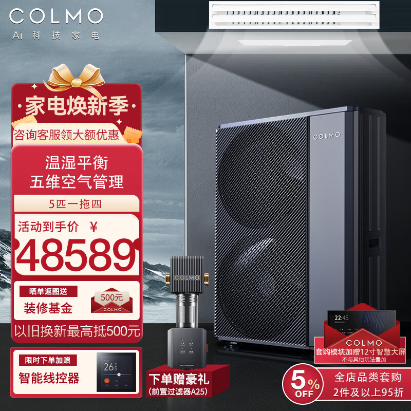 COLMO【含智慧眼无风感】图灵中央空调风管多联机一拖三/一拖四/一拖五/一拖六多联机新风AI语音智能空 5匹 一级能效 一拖四