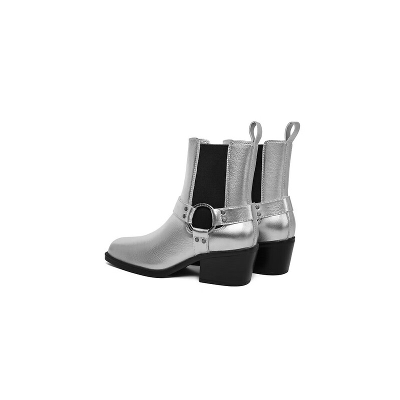 百丽小众切尔西靴女2023冬季新商场同款粗跟方头短靴BBJ64DZ3 银色 33