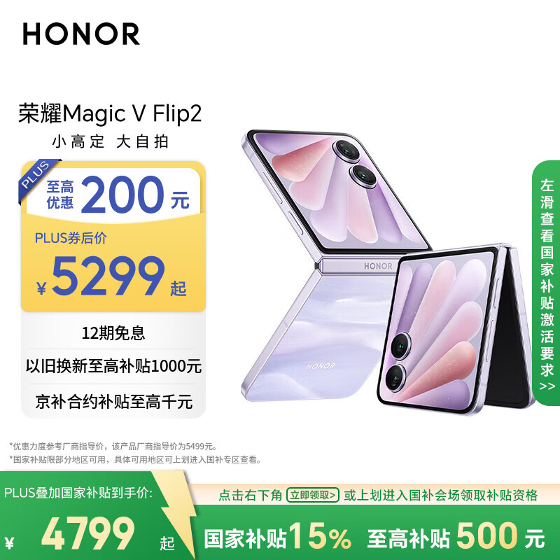 荣耀Magic V Flip2 小折叠屏 国家补贴 AI 2亿写真自拍 5500mAh青海湖电池 12+256 拍照 5G手机