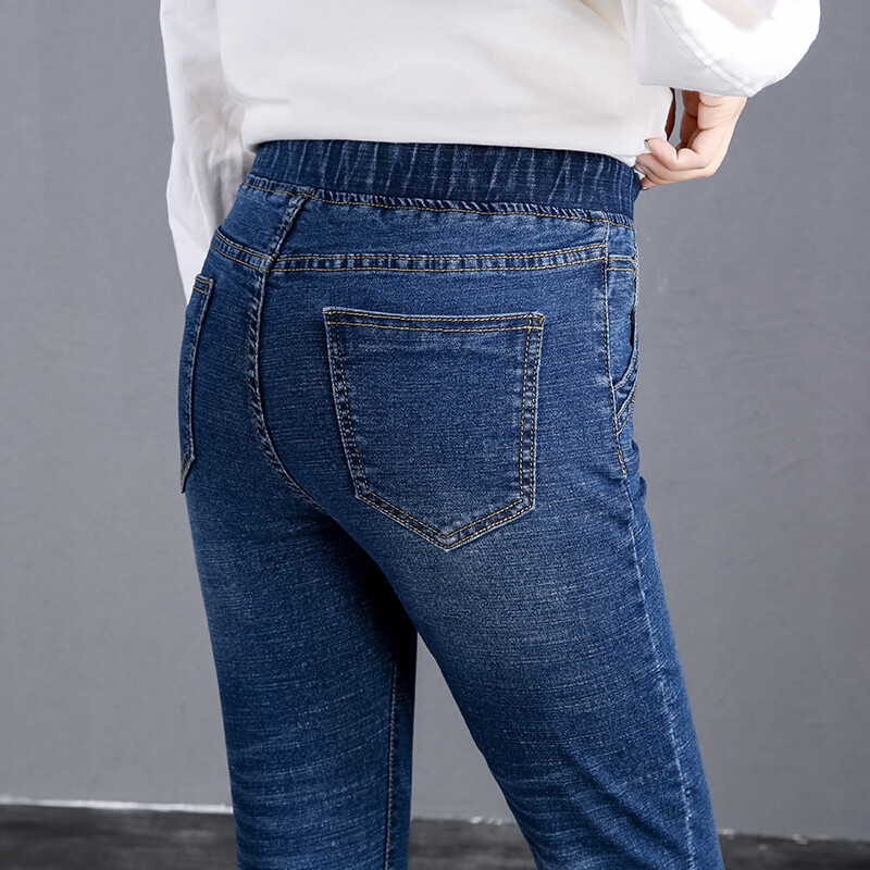 安卡丹松紧腰牛仔裤女春秋刺绣2018新款韩版显瘦裤子高腰九分裤弹力