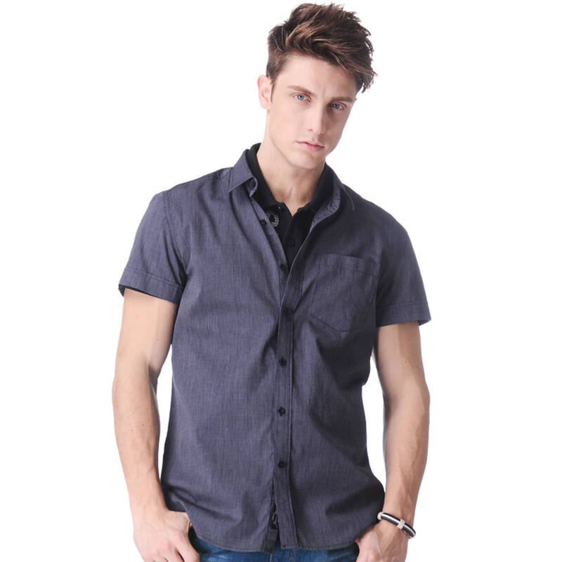 男装纯棉翻领纯色条子短袖衬衫jw-22-133118 2590深黑蓝 l