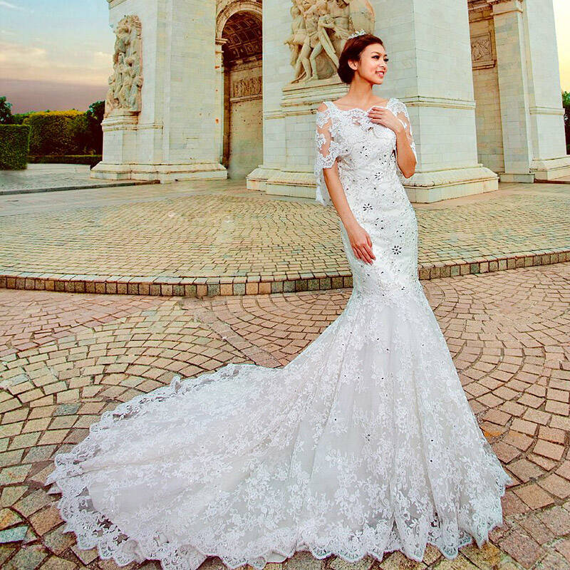 名门新娘 鱼尾款双肩拖尾婚纱礼服 2015新款豪华钉珠婚纱 a985 m