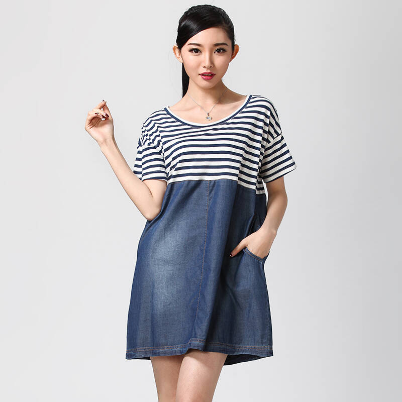 水淼2014女装薄款宽松大码休闲纯棉条形短袖连衣裙 s14xy3165 兰白条