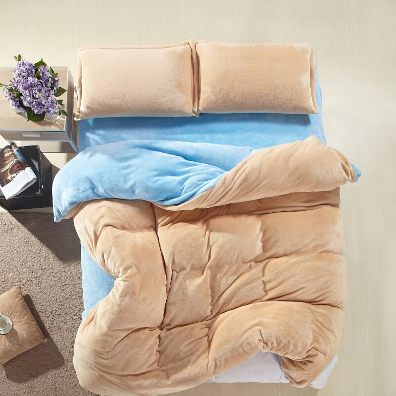 优一佳 法兰绒 加厚 四件套 时尚素色双拼纯色 床上用品 浅驼 天蓝 1.