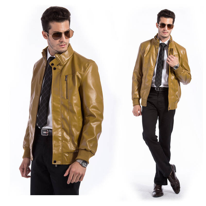 季 秋冬男士时尚休闲欧美风格修身仿皮皮衣 pu皮皮衣外套男 红棕色