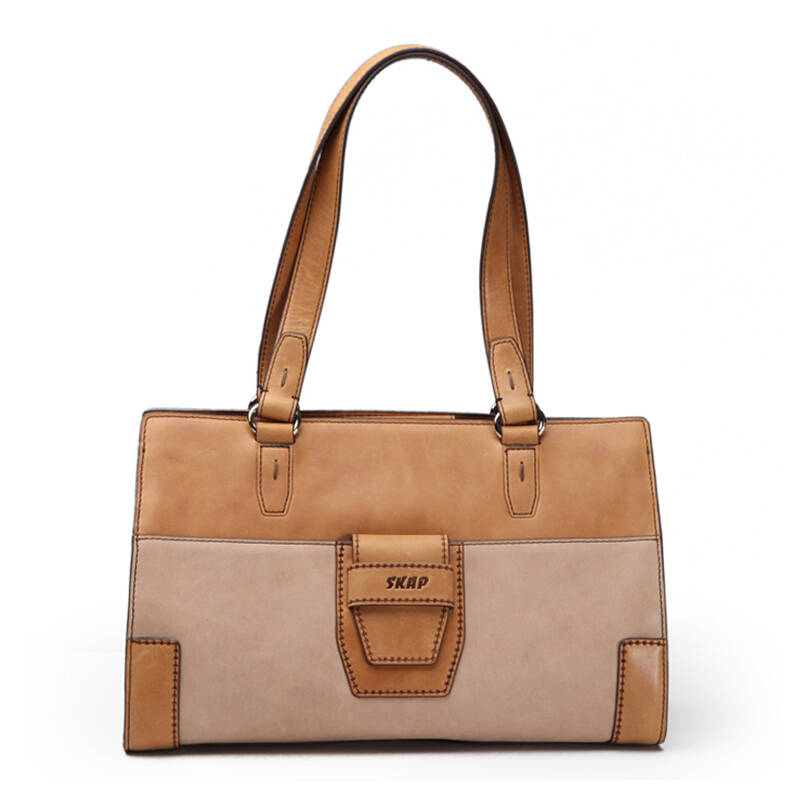 skap圣伽步 职场商务经典撞色女包 头层牛皮女士单肩包10225080 浅杏