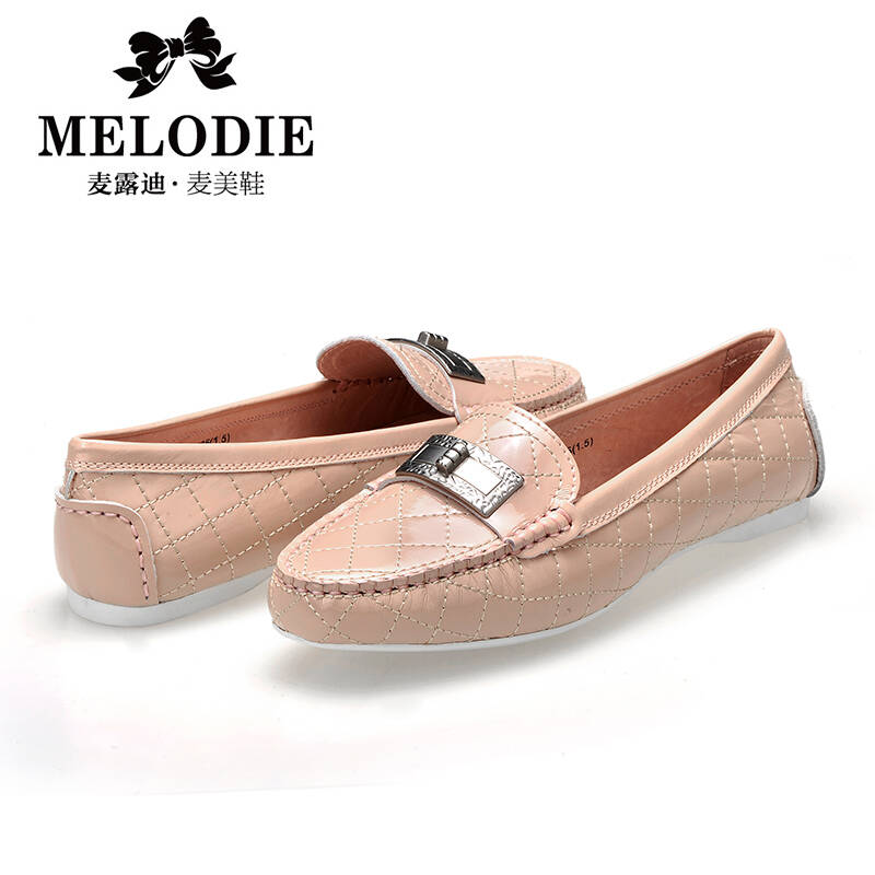 melodie/麦露迪 2014新款单鞋女真皮舒适休闲鞋平底鞋糖菱形格女鞋 粉