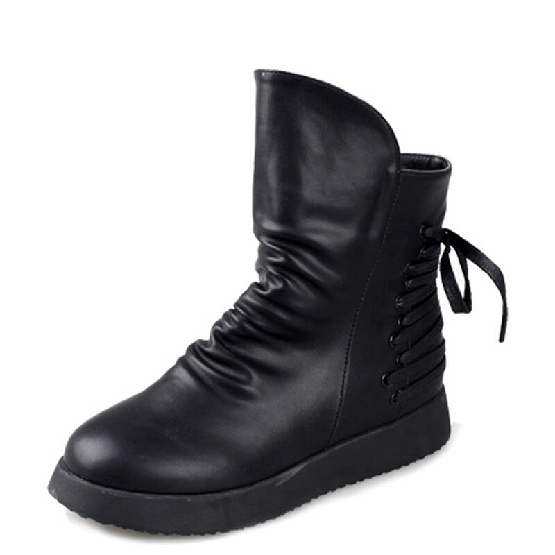 森马女鞋低筒短毛绒保暖松糕底厚底欧美风格舒适马丁靴232700 黑色