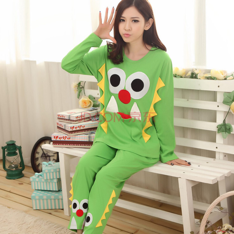 春季新品可爱卡通睡衣女恐龙长袖纯棉家居服女人睡衣套装 hff128恐龙