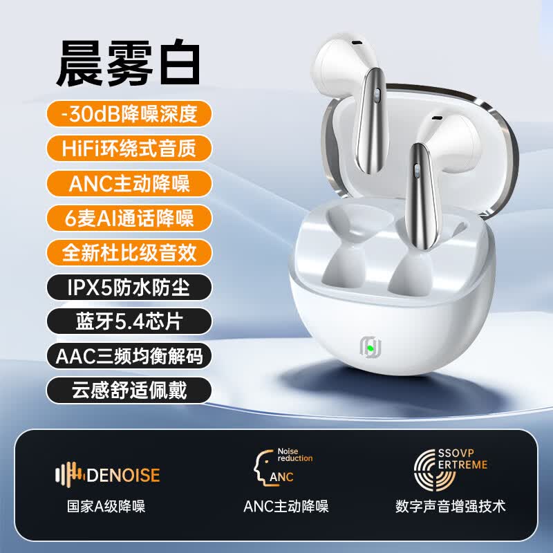 靖技半入耳耳机 AI智能降噪真无线蓝牙耳机 大电池长续航运动防汗HIFI音质 愉 白色