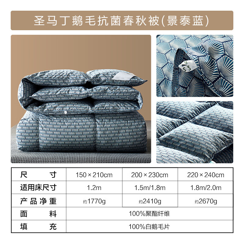 水星家纺旗下 百丽丝 圣马丁 抗菌春秋鹅毛被子 (景泰蓝) 150X210CM 净重1.77kg Plus会员多重优惠折后￥159