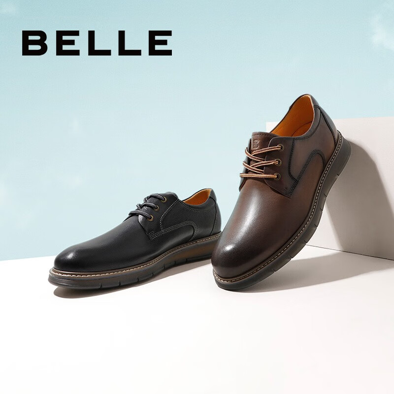 百丽男鞋2021新款牛皮休闲系带百搭潮流