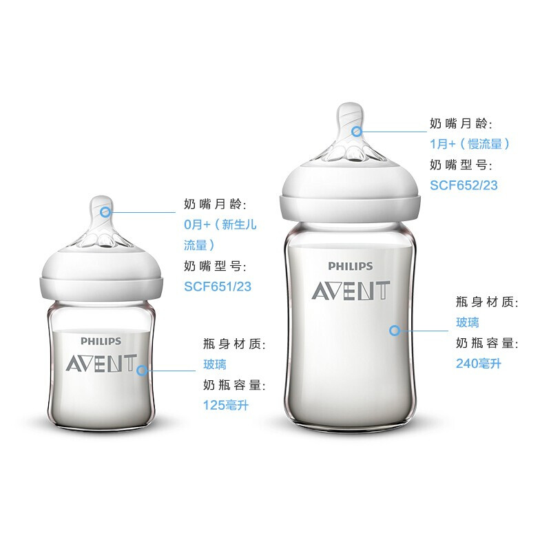 AVENT 新安怡 SCF679/53 宽口径自然顺畅玻璃奶瓶(125ml+240ml)*2件 ￥139