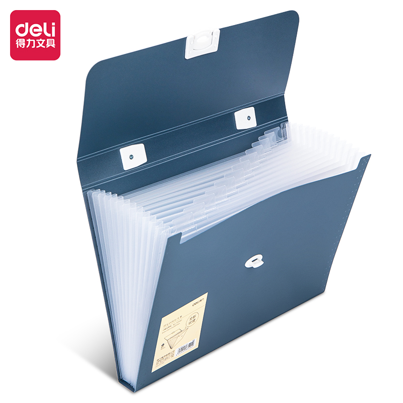 得力(deli)13格A4手提風琴包多層文件夾 樂素系列學生試卷收納 文件保護 深藍72593