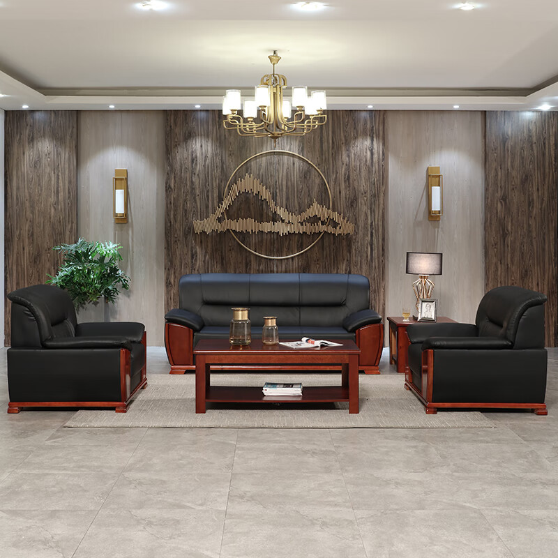 豫皓轩办公沙发会客接待沙发实木扶手沙发商务西皮沙发组合3+1+1+长茶几