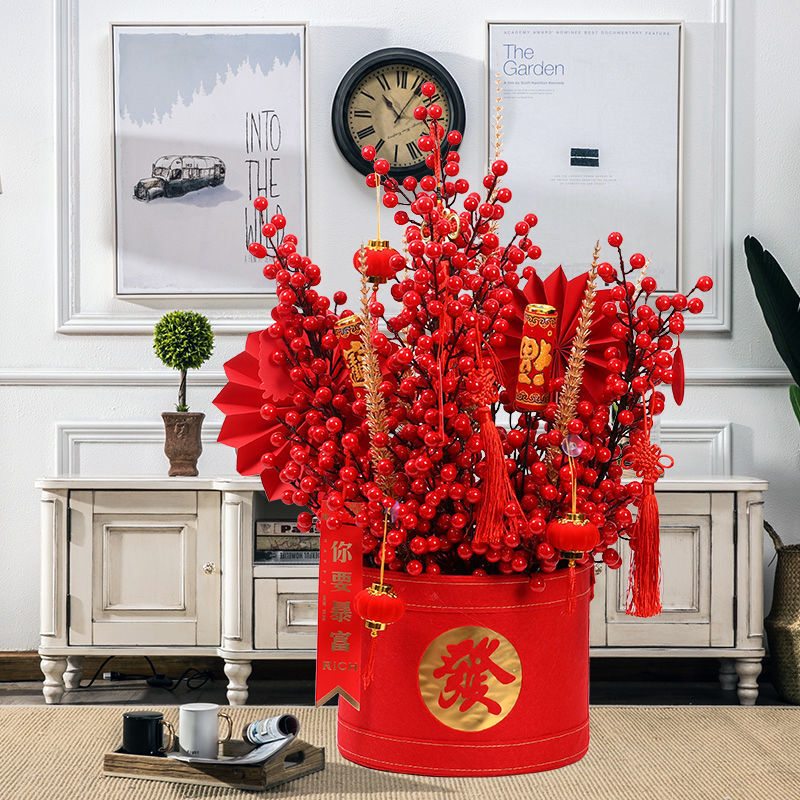 浩胜仿真发财果冬青果新年福桶红色浆果客厅假花摆设春节喜庆摆件花卉