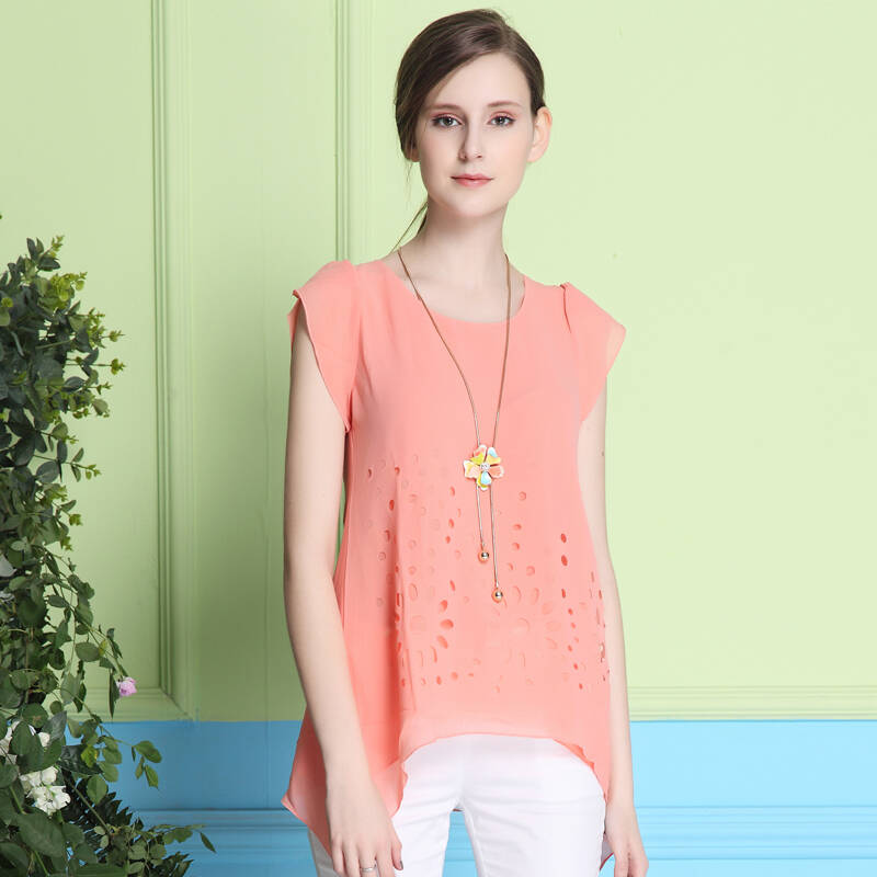 菲阁夏装新款韩版宽松显瘦雪纺衫镂空透气胖mm遮肉短袖雪纺上衣330281
