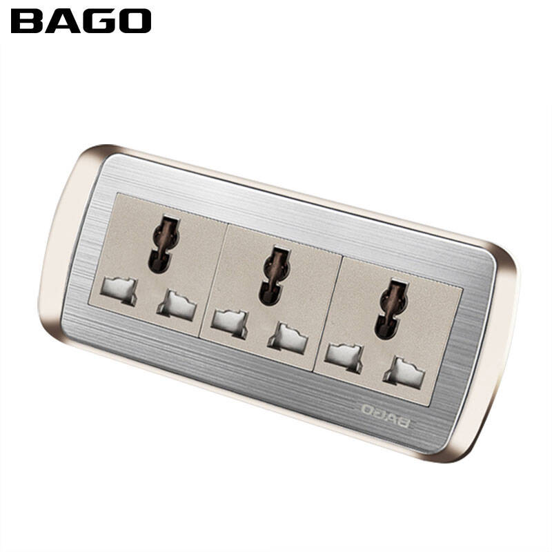 拜高118型开关插座面板 九孔插座 9孔插座面板 香槟金墙壁插座