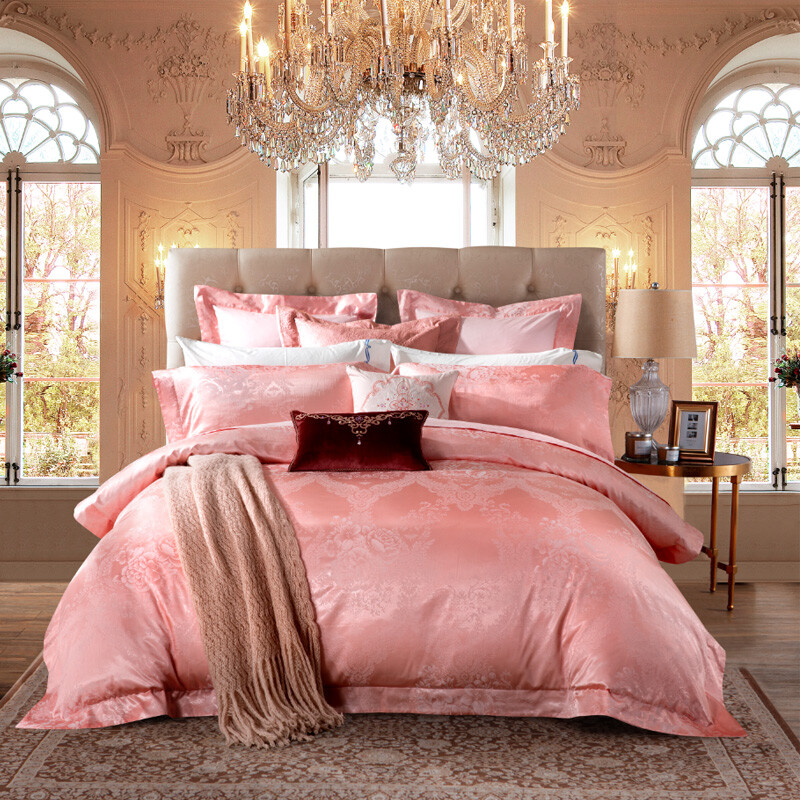梦兰家纺异彩提花婚庆床单四件套粉色床上用品欧式床品套件 卡罗琳