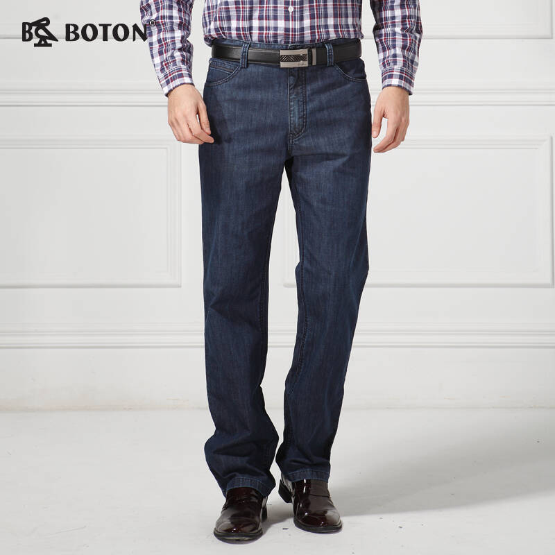 boton波顿男式中高腰牛仔长裤 宽松直筒商务休闲裤子 me380 深中蓝 40