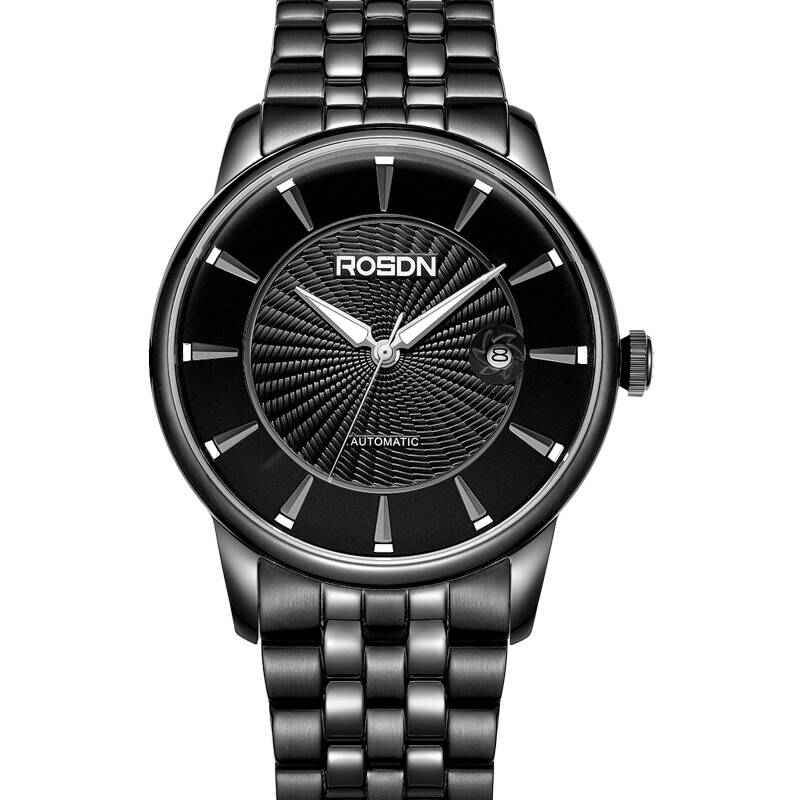 劳士顿(rosdn)男士全自动机械男表时尚大气单日历防水手表2085g 黑盘
