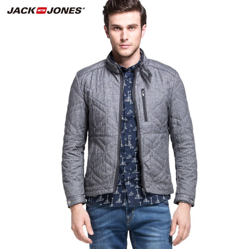 杰克琼斯jackjones男装羊毛混纺男士立领修身棉服夹克e