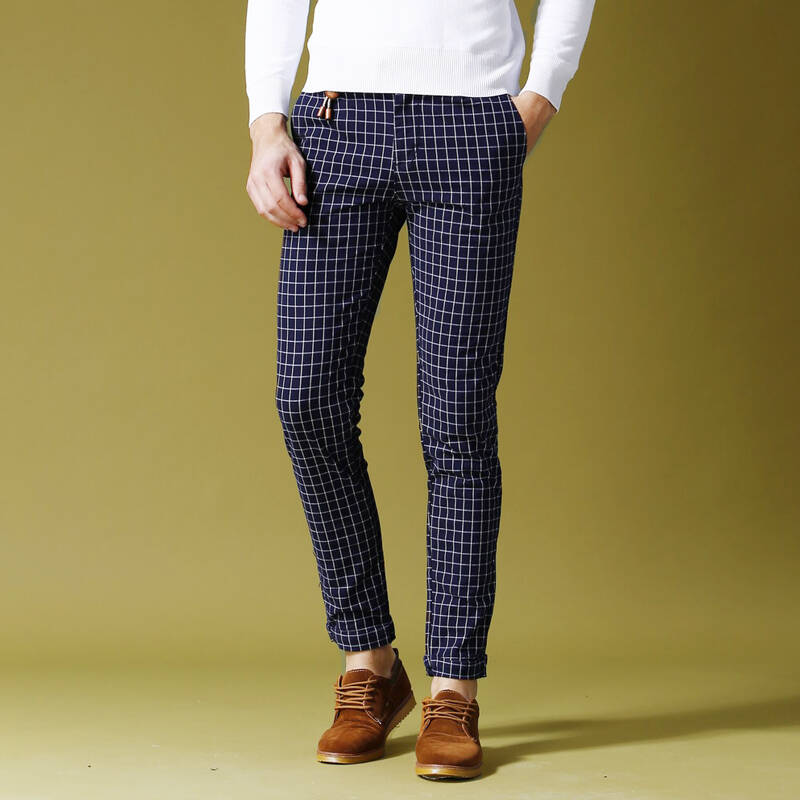 酷榜 秋冬英伦格子男士休闲裤韩版青年修身小脚西裤男时装裤6634 蓝