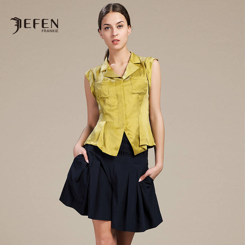 jefen吉芬专柜正品衬衫夏季新品高级铜氨翻领无袖背心衬衫 黄色(1y)