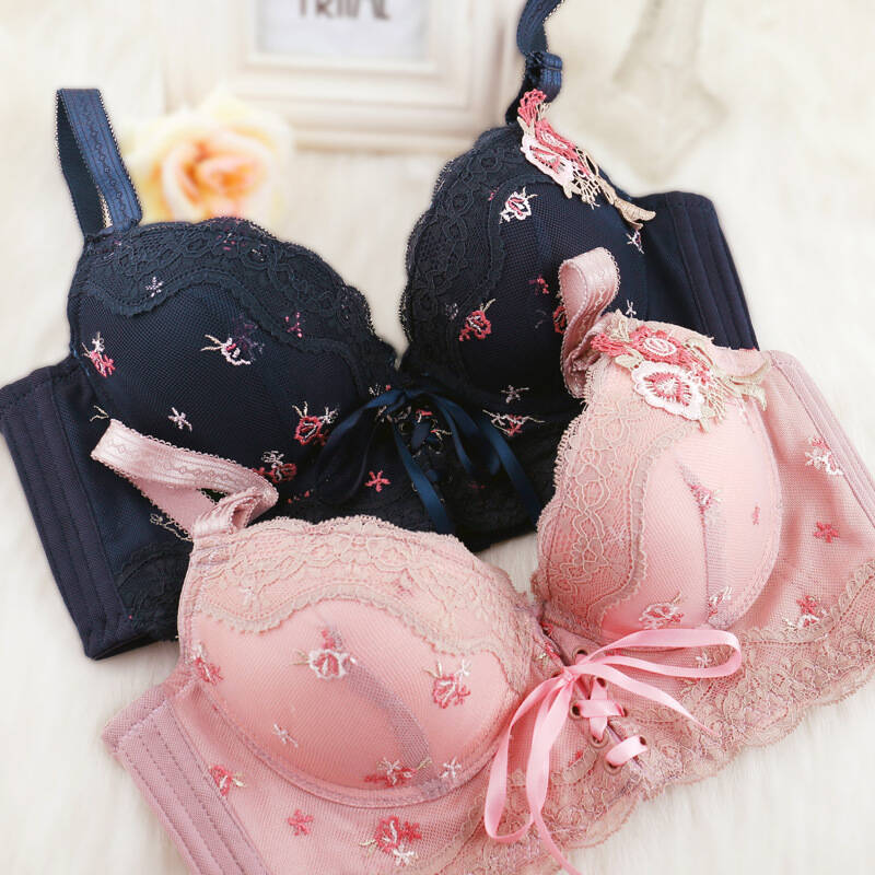 莉菲姿 日系性感蕾丝系带少女文胸套装小胸聚拢调整型加厚内衣女 粉色