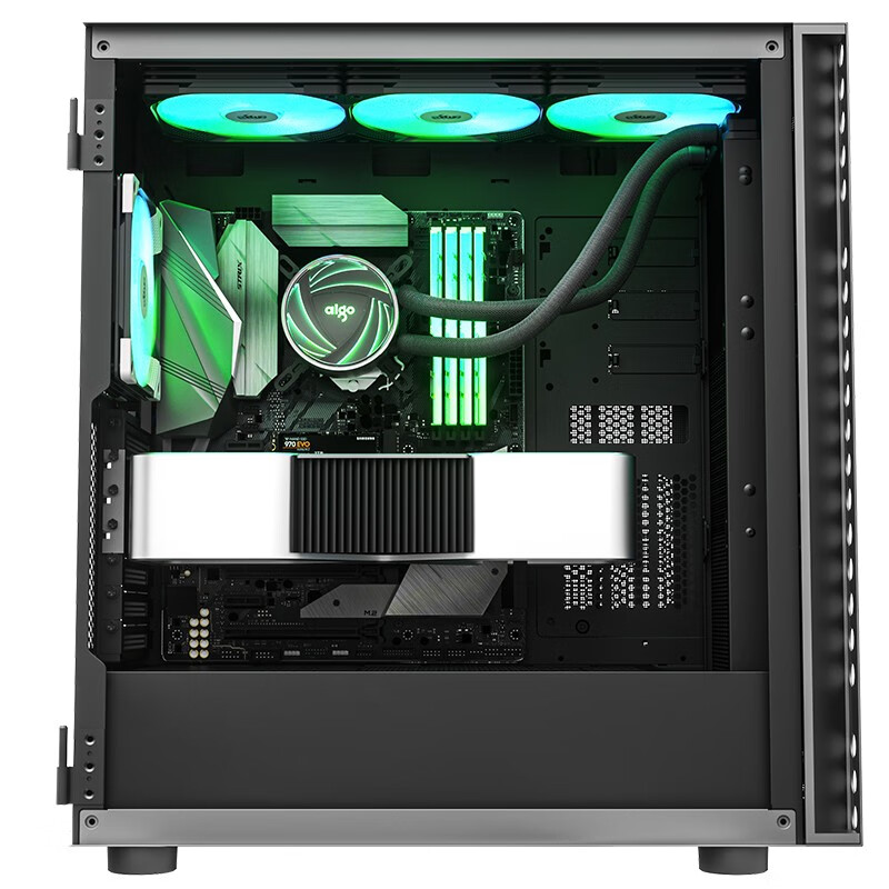 爱国者aigoyogom4pro钛灰色游戏鞋盒电脑机箱eatx主板360冷排侧拉式