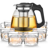紫丁香 玻璃茶具套装 一壶六杯加厚耐热玻璃泡茶壶带防撞保护托茶杯礼盒整套1700ml WJ8110