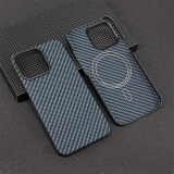 cance1 磁吸芳纶凯夫拉手机壳适用苹果iPhone13/Pro/Max碳纤维保护套半包轻薄防指纹 13pro半包橡胶圈黑蓝 兼容Magsafe