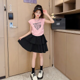 诺佳微淇女童套装2024新款韩版儿童时髦短袖洋气女大童夏季短裙两件套夏装 粉色 150码