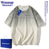 WASSUP UOSNE官方潮牌渐变色短袖t恤男士夏季休闲宽松五分袖潮流印花半袖上衣 杏灰色 XL