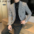 UZOOABC千鸟格西装外套男青年韩版修身帅气双排扣单西便服休闲西服上衣潮 灰色 M95-110斤