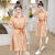 2023夏装新款韩版衬衫领泡泡短袖条纹连衣裙子女气质时尚优雅短裙 橙色条 S