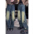 富轩迪（FUXUANDI）牛仔裤男春夏季2024新款复古做旧水洗阔腿裤个性拼接设计直筒长裤 深蓝色 XL