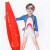 Yinbeler婴儿泳衣连体泳衣蓝鲨鱼宝宝0-4游泳衣小童儿童沙滩冲浪温泉泳装 蓝灰（无帽款） 6码身高100-110cm