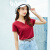 艾路丝婷V领镂空短袖T恤女夏装新款韩版修身上衣红色套头体恤31266 酒红 M