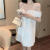 茧娜 JEORNUAY一字肩连衣裙高级感性感露肩显瘦百搭气质2024韩版中长款衬衫裙子 白色 S