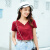 艾路丝婷V领镂空短袖T恤女夏装新款韩版修身上衣红色套头体恤31266 酒红 M