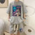 帅威哲新款华夫格运动服套装男夏季s港风潮流卡通短裤套装一整套 F2013 灰色 M 80-100斤