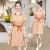 2023夏装新款韩版衬衫领泡泡短袖条纹连衣裙子女气质时尚优雅短裙 橙色条 S