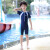 爱莫格2024新款儿童泳衣保守连体短袖游泳衣男女童泳装潜水服温泉泳装 短款-蓝色 L(100-110cm)