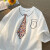 爱图荣夏季小众设计感领带印花短袖t恤男女潮牌个性宽松情侣五分袖体恤 白色 S