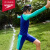 速比涛（Speedo）花啦啦系列儿童防晒分体泳衣套装男童长袖泳衣 深蓝/绿色 11-12 