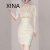 犀纳（XINA）香港潮牌女神范高端修身包臀裙子夏季新款塑腰显瘦V领短袖连衣裙 香槟色短袖 XL