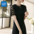 真维斯（JEANSWEST）连衣裙夏季法式蕾丝短袖2024小清新高级感显瘦气质收腰裙黑色S